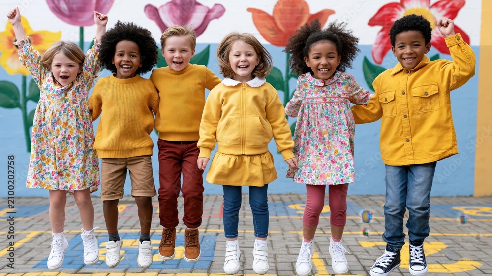 Naklejka premium Diverse group of happy children jumping together in front of a colorful mural