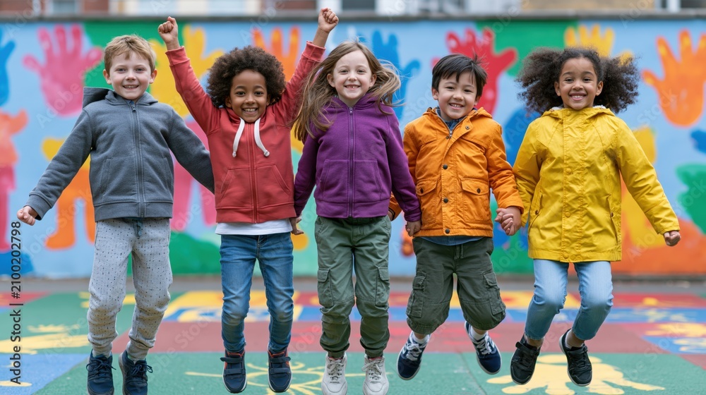 Fototapeta premium Diverse group of happy children jumping together in front of a colorful mural