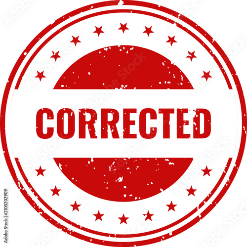 Red 'corrected' stamp with stars quality control approved document verification seal