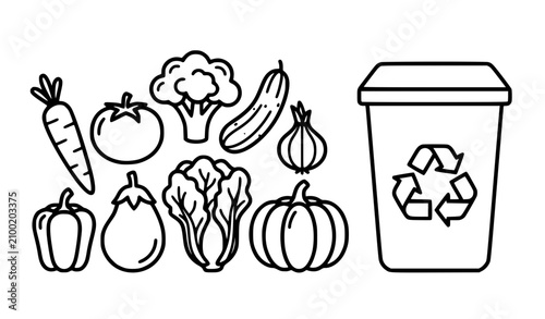 Billede på lærred Black and white fresh vegetables saved from trash line art vector illustration f