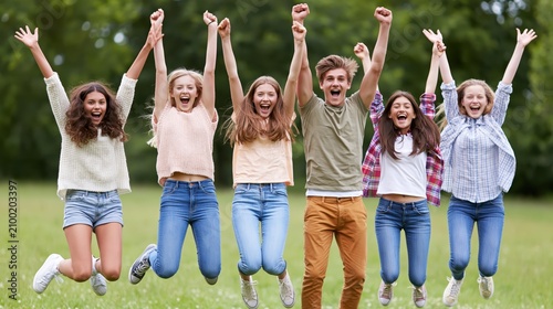 Diverse group of teenagers jumping joyfully in a sunny summer field