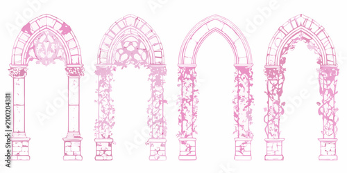 Foto Four gothic archway frame illustrations pink toned vector design