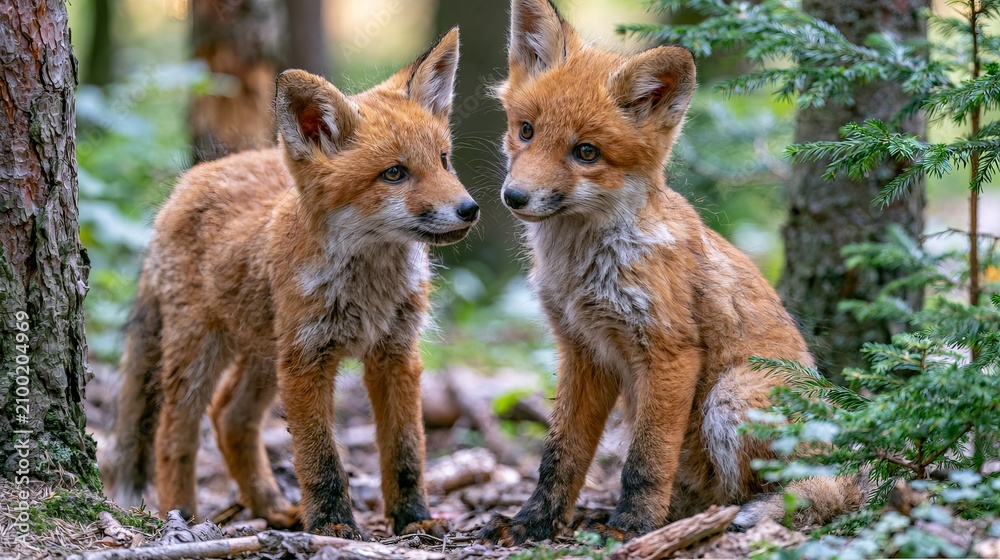 Fototapeta premium Young red foxes play in the forest. These cute wild animals are in their natural home.