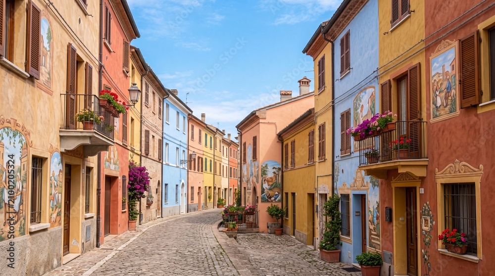 Fototapeta premium Charming Colorful Street with Painted Houses and Flowers