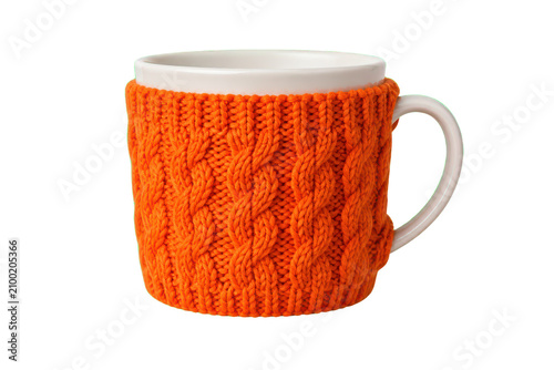White Mug with Orange Knitted Cozy