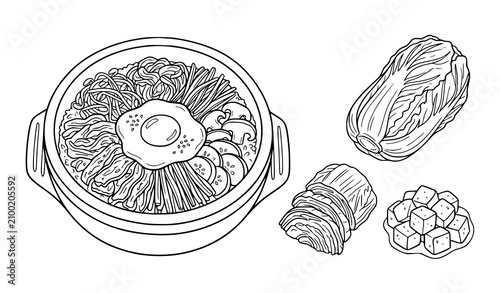 Foto Hand Drawn Korean Bibimbap and Kimchi Vector Outline Set with Traditional Cuisin