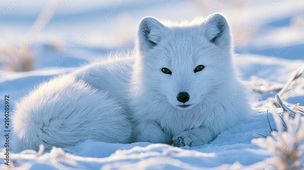 Fototapeta premium Arctic fox rests on snowy ground in winter. It also plays around.