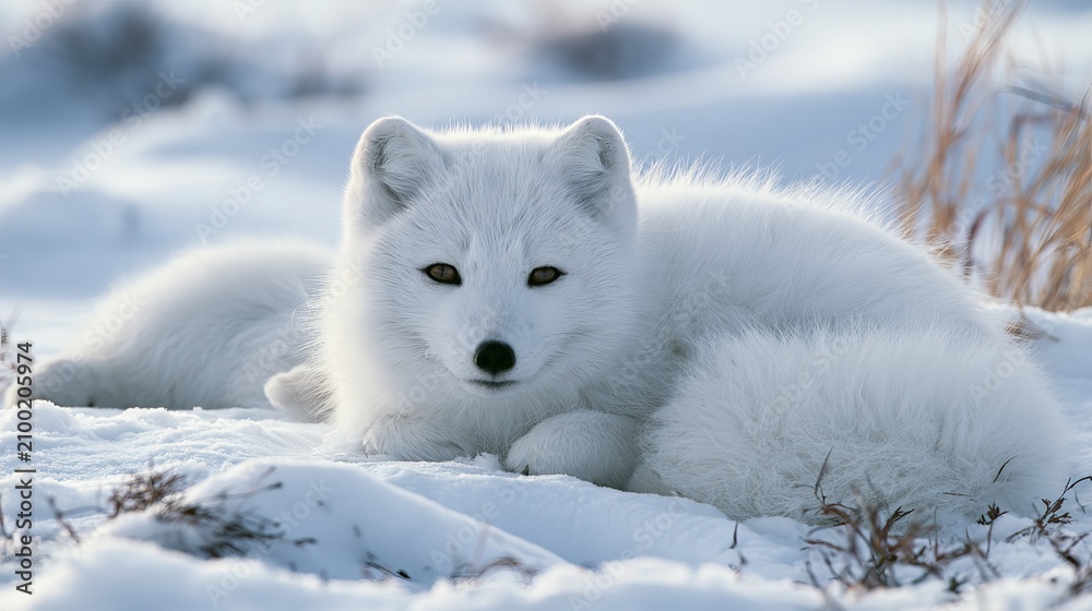 Fototapeta premium Arctic fox rests on snowy ground in winter. It also plays around.