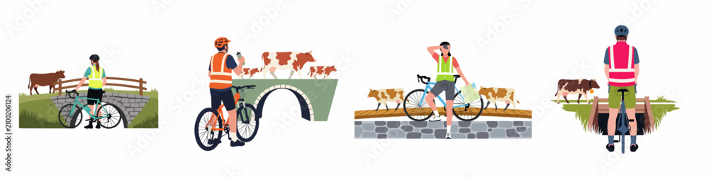 Fototapeta premium Set of flat vector illustrations featuring cyclists exploring the countryside, crossing bridges, and encountering cows in a rural landscape.