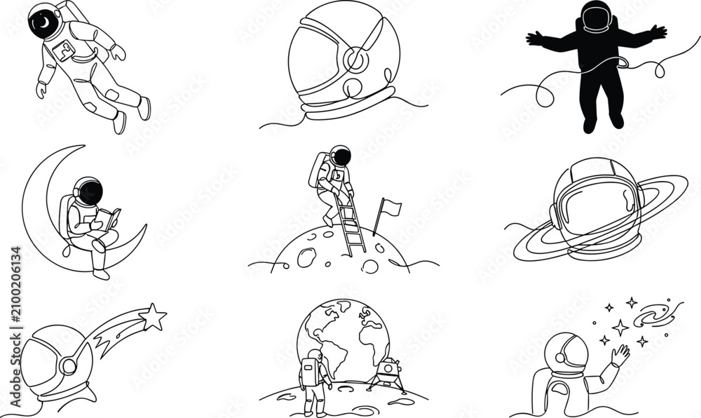 Naklejka premium Astronaut and Space Exploration Collection with Floating Cosmonauts Planets and Cosmic Adventure Illustrations