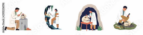 Set of illustrations showing archaeologists and paleontologists examining ancient skulls and fossils in various settings like labs, caves, and excavation sites.