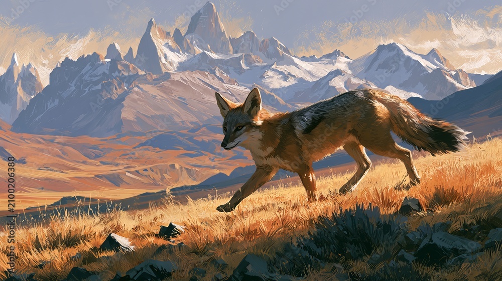 Fototapeta premium Patagonian fox runs through Patagonia mountains.