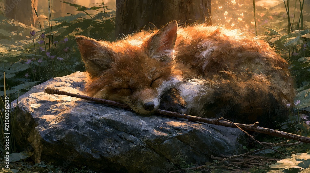 Fototapeta premium Fox cub with a twig rested by a rock in a magical woods.
