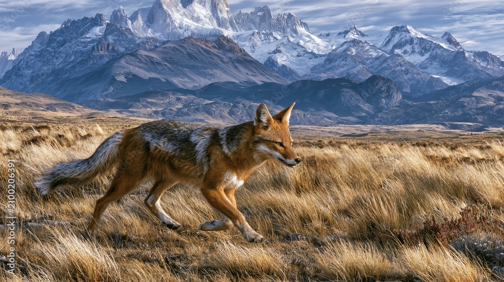 Fototapeta premium Patagonian fox runs through Patagonia mountains.