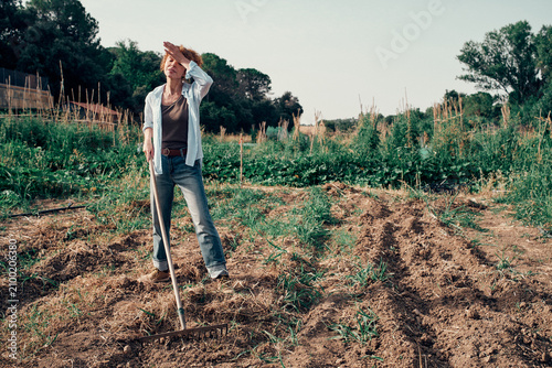 Canvastavla Tired woman working in a sustainable urban garden, raking fertile soil under the hot sun
