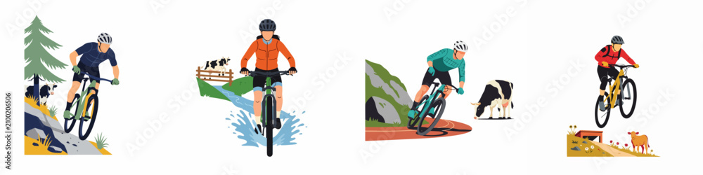 Fototapeta premium Set of mountain biking illustrations featuring cyclists riding through diverse terrains like rocky trails, water splashes, and rural paths with cows.