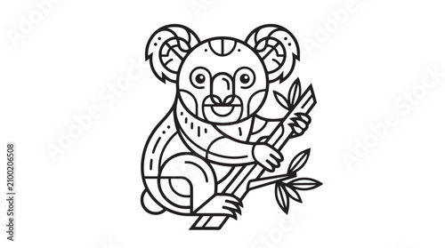 Foto Cute stylized koala bear hanging on branch line art illustration with wildlife a