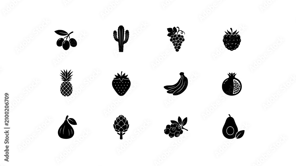 Fototapeta premium Fruits and Plants in Black Silhouette Icons Featuring Fruit, Plant, Icon with Design and Vector Elements for Illustration, Cactus