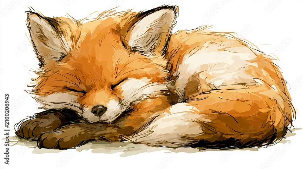 Fototapeta premium Cute young fox rests. Ideal for kids' books, stickers, or as a friendly mascot. This drawing is on a white backdrop.