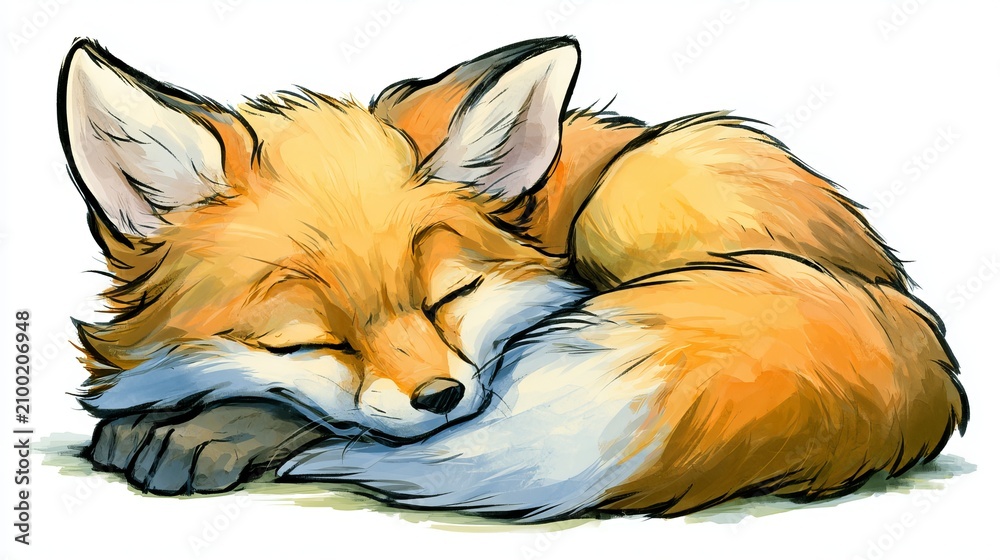 Fototapeta premium Cute young fox rests. Ideal for kids' books, stickers, or as a friendly mascot. This drawing is on a white backdrop.