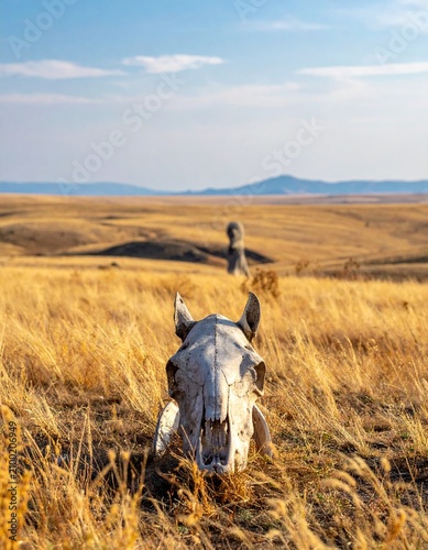 horse skull in a field