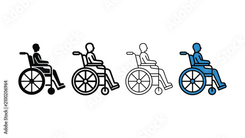 Four variations of a wheelchair user icon in black outline blue fill and white background styles for accessibility concepts