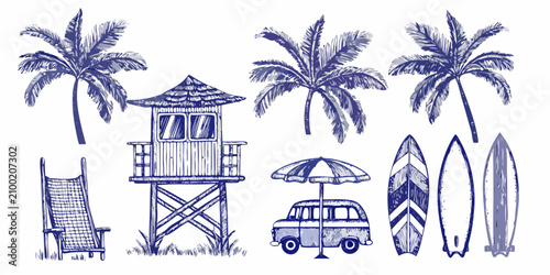 Obraz na płótnie Beach Scene Illustrations Monochrome Sketch Style On White Background
