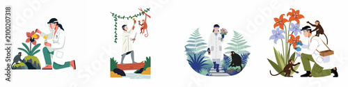 Foto Illustrations of scientists conducting botanical and zoological field research in a tropical jungle environment, interacting with plants and monkeys