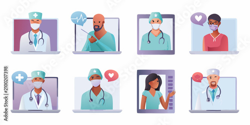 Medical Professionals In Video Conference Frames Vector Illustration