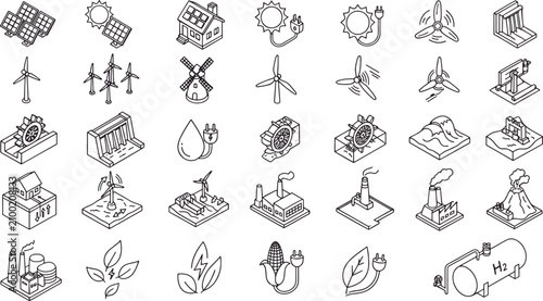 Isometric set of clean energy and sustainable industry icons with isometric renewable sustainable industry technology environment infrastructure building innovation resource