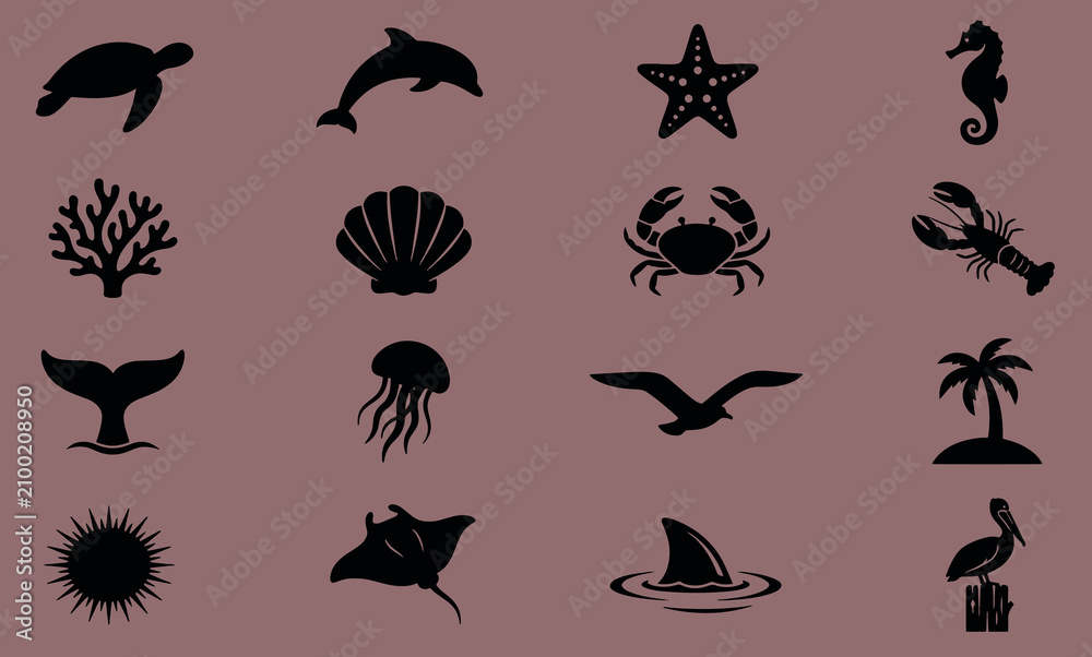 Fototapeta premium Set of marine life and ocean creature silhouette icons with wildlife creature silhouette starfish seahorse jellyfish collection underwater environment tropical saltwater maritime