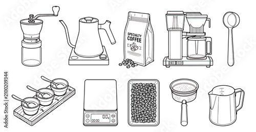 Canvas Print Minimalist coffee brewing equipment vector set, specialty coffee maker and grind