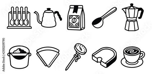 Fotografie Minimalist coffee brewing icons set, black and white cafe equipment vector illus