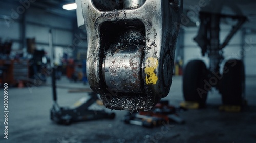 Dirty car brake caliper, close-up, automotive repair shop, greasy wheel hub