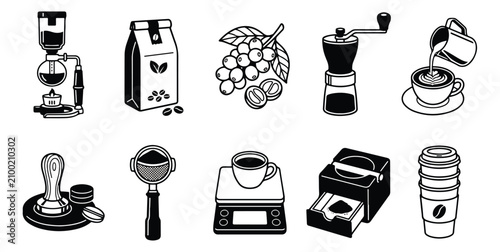 Canvastavla Coffee brewing equipment icons set, professional barista tools and cafe accessor