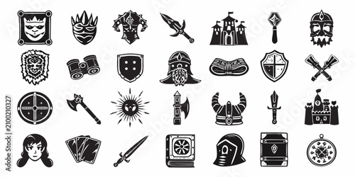 Quadro su tela Fantasy Rpg Icon Set Monochrome Silhouettes On White Background