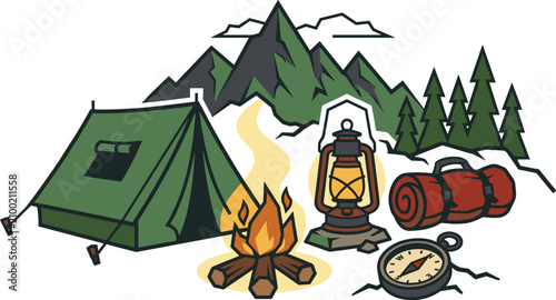 Camping and Outdoor Adventure Concept with Green Tent Bonfire Lantern Compass Sleeping Bag Mountains and Pine Trees Vector Graphic Illustration