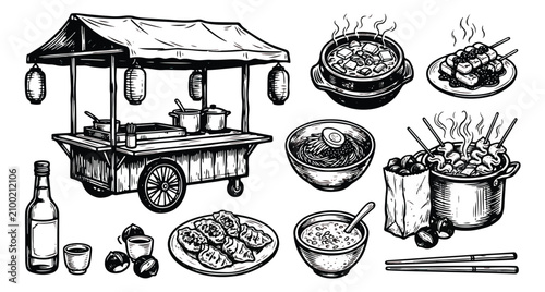 Foto Vintage Japanese street food stall vector set, hand drawn Asian cuisine elements