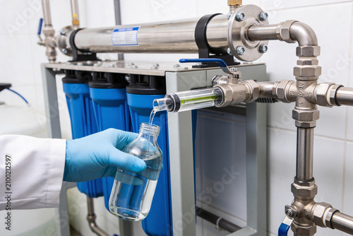 Fotografía Laboratory technician collecting purified water sample from filtration system