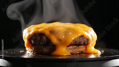 Mouthwatering Cheeseburger with Melting Cheddar Cheese and Smoky Steam Rising Against Black Background