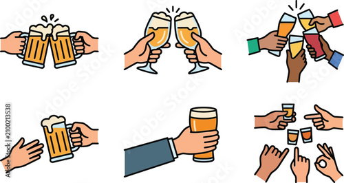 Collection of hands holding beer mugs pint glasses and shot glasses clinking in a flat vector illustration style representing celebration and social gatherings
