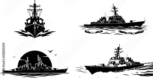 Photography Black and white silhouette collection of modern military naval warships sailing