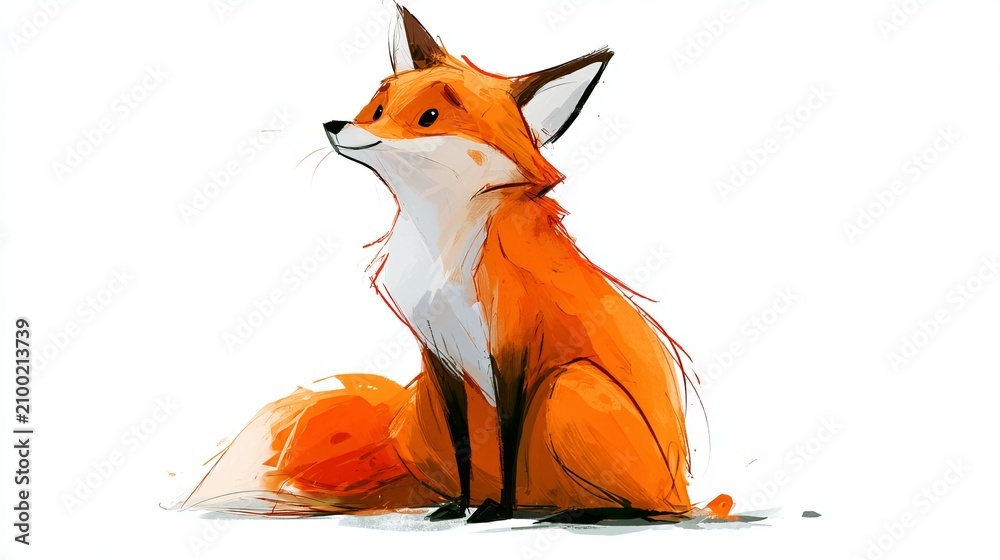 Fototapeta premium A cartoon fox drawing sits alone on a plain white background.