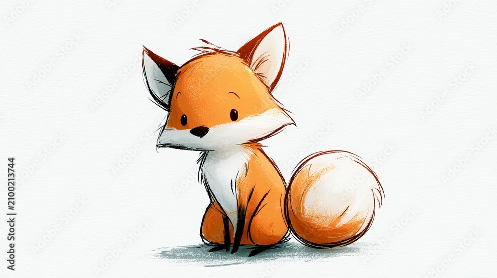 Fototapeta premium A cartoon fox drawing sits alone on a plain white background.