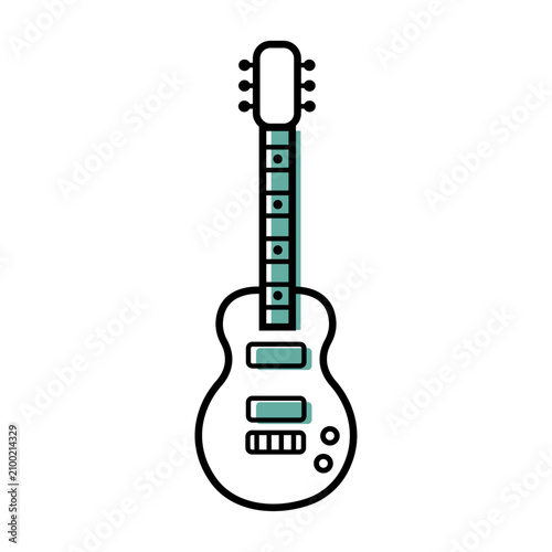 Pictogramme vectoriel d’une guitare électrique générique, dessiné avec des contours noirs et des touches turquoise sur fond blanc. Illustration minimaliste pour concert, festival, musique live