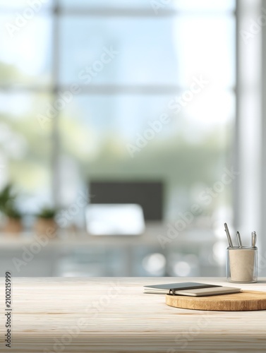 Front view of a minimalist work desk with small empty wooden coaster, pen and journal, blurred office background, natural sunlight, professional clean setup for productivity and organization