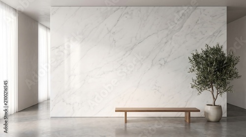 Minimalist Luxury Interior Background with Large White Marble Wall Mockup, Wood Bench and Potted Plant