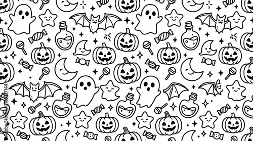 Black and white seamless Halloween pattern featuring doodle icons of jack-o-lanterns, ghosts, bats, potion bottles, wrapped candies, lollipops, smiling stars, and crescent moons on white.