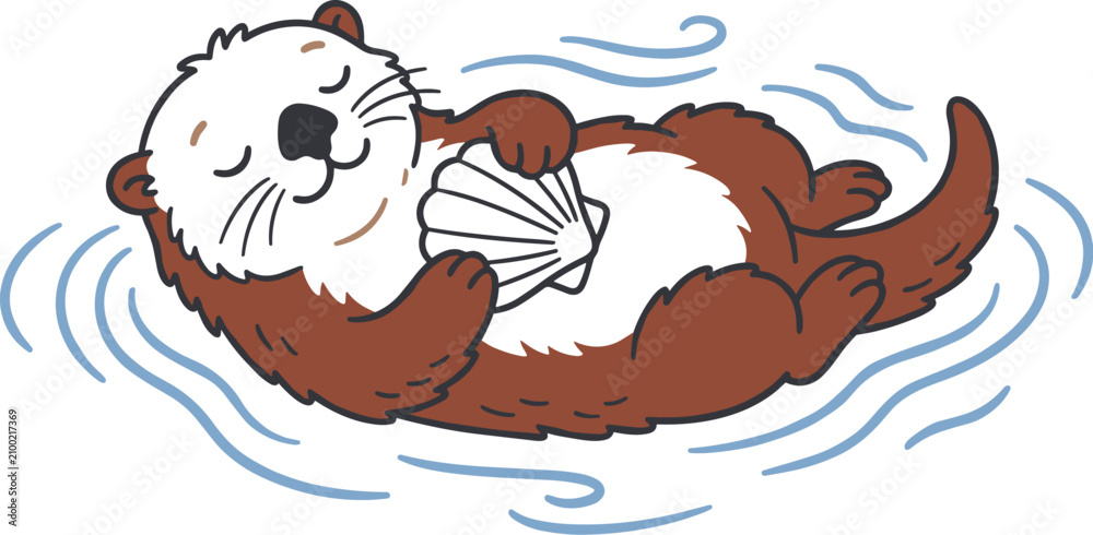 Obraz premium Cute Cartoon Sea Otter Floating on Back in Water and Holding a Seashell for Children Book Illustration Stickers and Patterns
