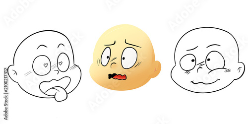 Obraz na płótnie Three cartoon faces: left is an outline with heart eyes sticking its tongue out, middle is colored yellow and looks scared, right is an outline with a smirk